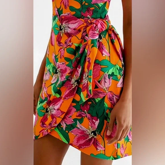 Express Floral Scoop Neck Wrap Front Tie Mini Dress XL - Picture 3 of 6